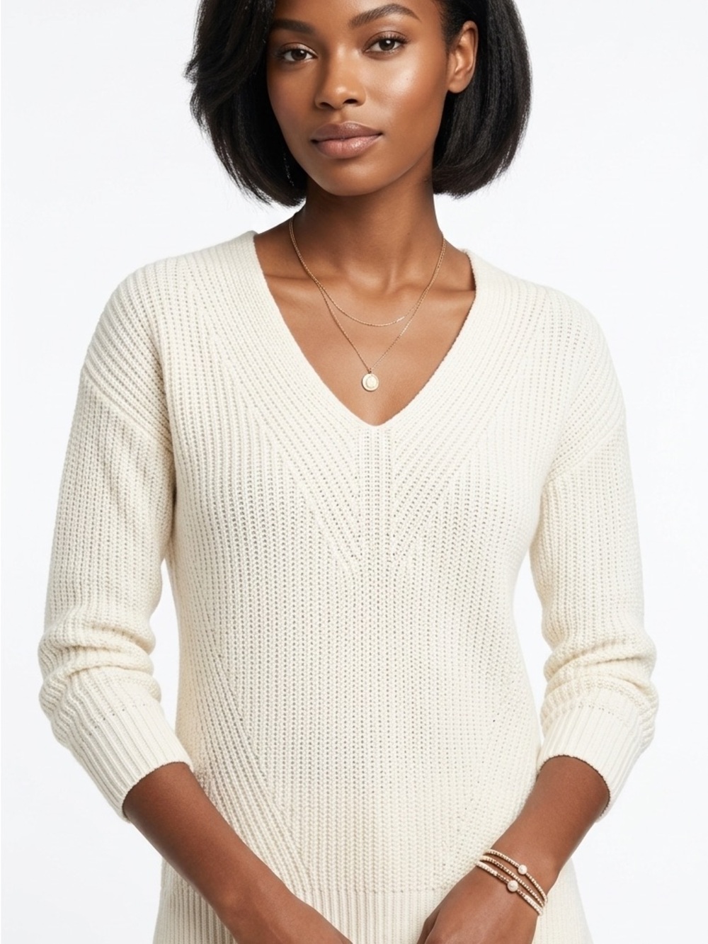 Madewell Off-White V-Neck Ribbed Sweater
